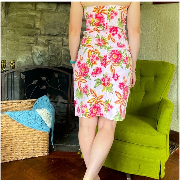 Vintage Tropical Malibu Barbie Tiki Floral Retro Pinup Strapless Midi Dress - Picture 4 of 6